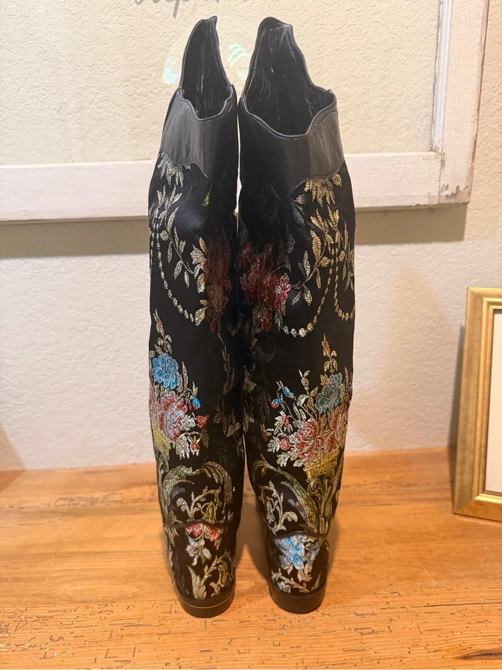 VTG RARE 80s Brocade/Leather Trim Tassel over the knee Flat Boots boho Gypsy 60s